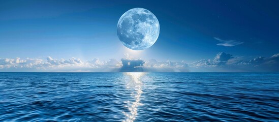 Scenic view of a large full moon ascending above the ocean, casting a brilliant light over the water