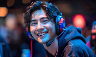 Obraz premium happy male teen asian esport player playing at computer at the cybersport championship 