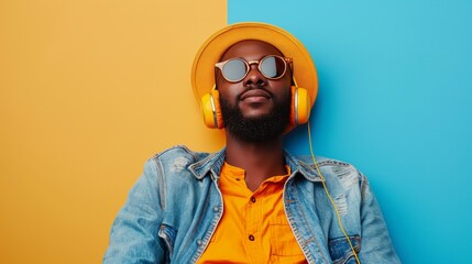 Stylish man enjoying music with headphones, wearing sunglasses and a yellow hat - Concept of...