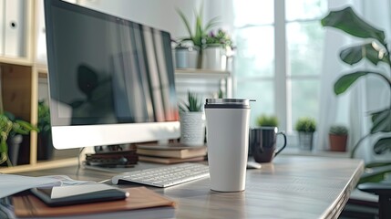 There are 20oz tumbler, computer and books on the desk 