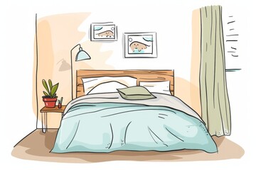Cartoon cute doodles of an empty bedroom with a cozy bed, fluffy pillows, and a bedside table, Generative AI