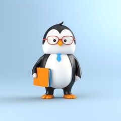 Penguin dressed as a tech startup CEO, modern office, digital devices, confident yet cute posture, 2D flat design