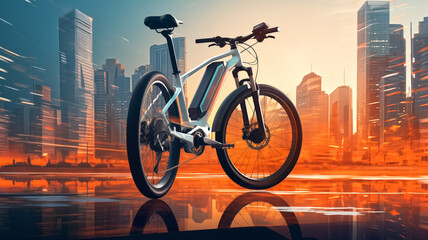 A modern electric bicycle poised against a fast-moving urban background, reflecting an eco-friendly commute during a vibrant city sunset.
