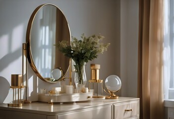bedroom beige dressing cream vanity twig gold storage luxury glass table sunlight modern vase minimal wall beauty drawer cosmetic Empty mirror handle
