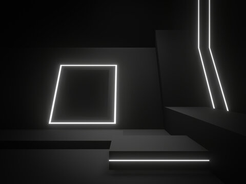 3D black geometric podium with white neon lights.