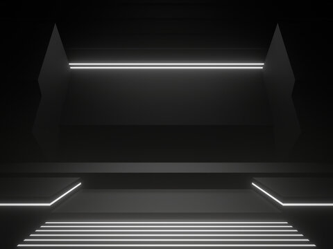 3D black geometric podium with white neon lights.