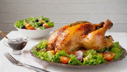 Roast turkey on a platter with salad on a white table.
