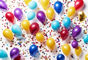 'top balloons confetti view. white ribbons AI Celebration. background balloon decoration colourful party ribbon blue celebration holiday up high birthday greeting fun happy design'