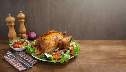 Roast turkey on a platter with salad. Wooden background.
