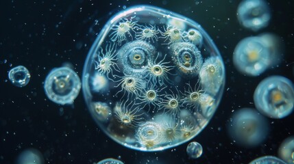 A rotifer colony consisting of dozens of small individual organisms ed together in a spherical shape floating in a drop of water. - obrazy, fototapety, plakaty