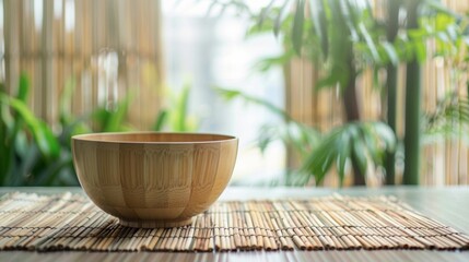Blank mockup of a bamboo rice bowl .