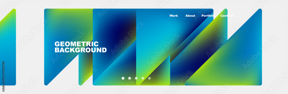 Fototapete A rectangular display device with an azure and electric blue geometric background featuring triangles on a white backdrop. A gadget with multimedia and communication capabilities