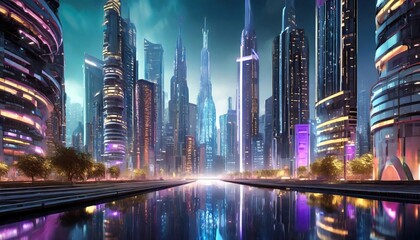 A striking 3D render of a futuristic cityscape, with towering buildings and neon lights_ver_2 - obrazy, fototapety, plakaty