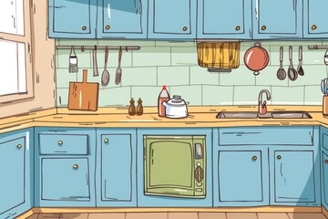 Cartoon cute doodles of an empty kitchen with cabinets, countertops, and cooking utensils neatly arranged, Generative AI