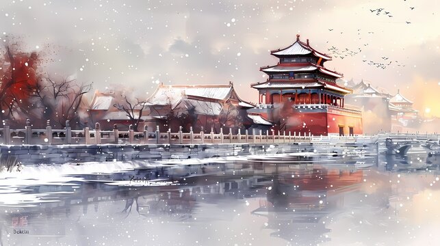 Red and white snowy traditional building illustration poster background
