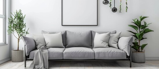 A cozy gray sofa adorned with soft pillows and a warm blanket set in a serene white room