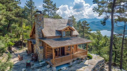 Cozy Cabin Nestled in a Picturesque Mountain Landscape with a Serene Lake and Stunning Mountain Views