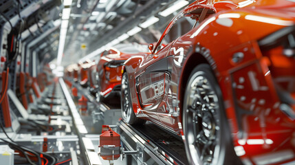 Automotive Factory Production Line with Cars in Assembly Process - obrazy, fototapety, plakaty