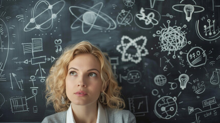 Thoughtful Woman with Science and Innovation Conceptual Background