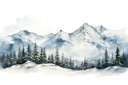 Watercolor winter mountain landscape with fir trees and high mountains. Hand drawn illustration