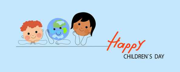International Children's Day banner. Cute childs and Planet Character. Social media horizontal banner template.Vector flat cartoon doodle banner.