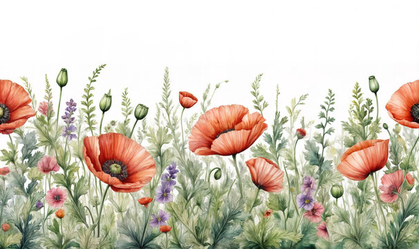 Watercolor floral seamless border with hand painted green leaves, Poppy and field flowers. Isolated on white background, perfect for design, print, and backgrounds