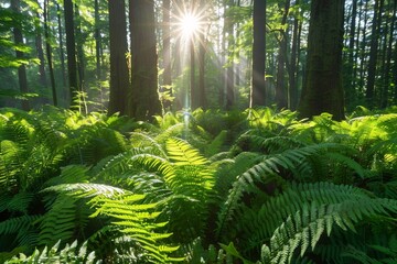 A tranquil forest with sunlight streaming through the canopy into the fern beds. - obrazy, fototapety, plakaty