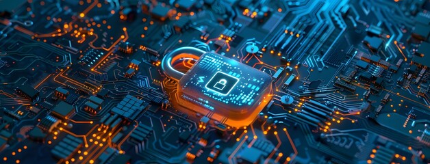 Futuristic digital padlock with holographic security symbols on intricate circuitry background.