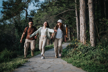 Three happy friends enjoy a leisurely walk amongst trees, exemplifying togetherness and the spirit...