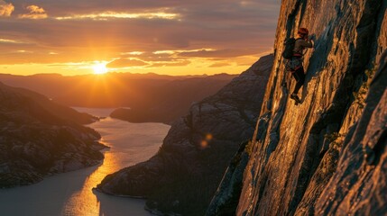 Fototapeta premium Photo of a rock climber climbing on the side of a cliff. Generate AI image