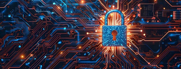 Futuristic digital padlock with holographic security symbols on circuit board background.