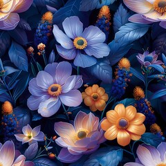 Intricate Botanical Elements Set Against a Luscious Dark Blue Backdrop