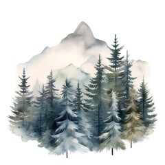 Watercolor winter mountain landscape with fir trees. Hand drawn illustration.
