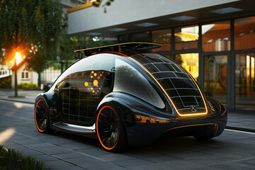 A visionary concept of an electric vehicle equipped with solar panels on its surface harnessing energy while on the move