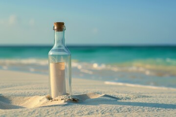 Tranquil beach scene with glass bottle in the sand containing a message
