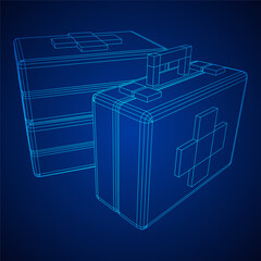 Suitcase of medical aid. Med kit symbol of emergency assistance with cross first aid equipment and treatment. Wireframe low poly mesh vector illustration