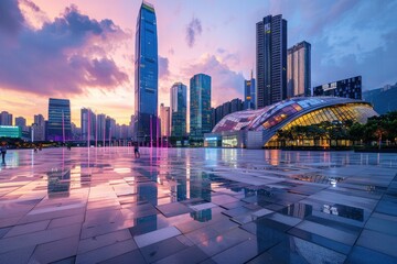 City square and skyline with modern buildings in Shenzhen at sunset, Guangdong Province, China - generative ai - obrazy, fototapety, plakaty