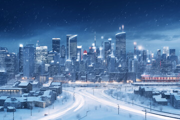 Futuristic cityscape with tall buildings in winter sci-fi illustration