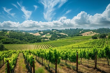 Fototapeta na wymiar Vineyard with grape vines on a hill under a bright sky
