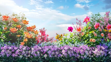 Fototapeta premium watercolor illustration of colorful flowers in the garden with clear sky background for poster card and wallpaper