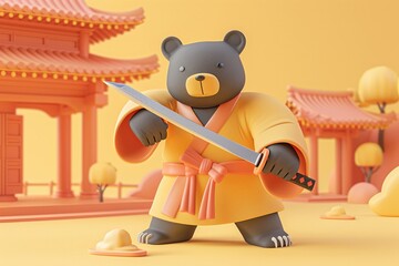 A traditional dojo scene with a bear practicing katana moves, its size and skill discombobulating onlookers, blending strength and finesse
