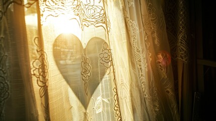 A heart-shaped shadow cast by the sun filtering through lace curtains. 