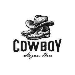 vintage logo hat and shoes cowboy hand drawn vector illustration