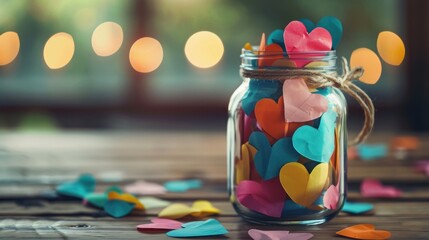 A jar filled with colorful paper hearts, each one inscribed with a loving message.