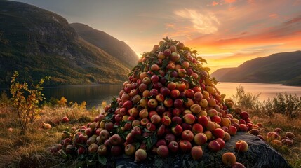 a huge mountain of fruit in norwgian landscape. sunrise.  