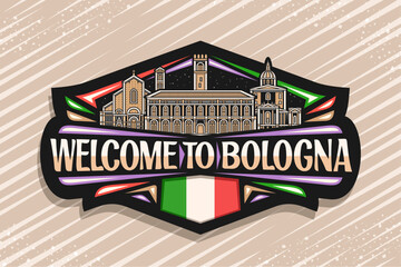 Vector logo for Bologna, decorative sign with line illustration of famous european bologna city scape on nighttime sky background, art design tourist refrigerator magnet with words welcome to bologna