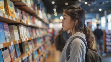 Closeup of a teenage girl eagerly waiting in line at a bookstore for a signed copy of a popular young adult novel promoted by her favorite singer on social media. . - obrazy, fototapety, plakaty