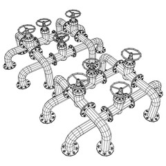 Oil pipeline with valve. Petrol production. Petroleum fuel industry transportation line. Wireframe low poly mesh vector illustration