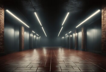 3D Cement Asphalt Showcase Realistic Glowing Showroom Empty Corridor Parking Rendering Underground...