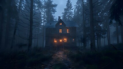A murder mystery unravels in a spooky house deep in the forest. Concept Murder Mystery, Spooky House, Forest Setting, Intrigue, Suspense - obrazy, fototapety, plakaty